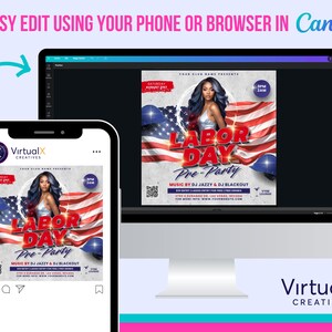 May include: A digital flyer for a Labor Day pre-party with a woman in a red dress and a red, white, and blue American flag background. The flyer includes the text "Labor Day Pre-Party" and "Music by DJ Jazzy & DJ Blackout".