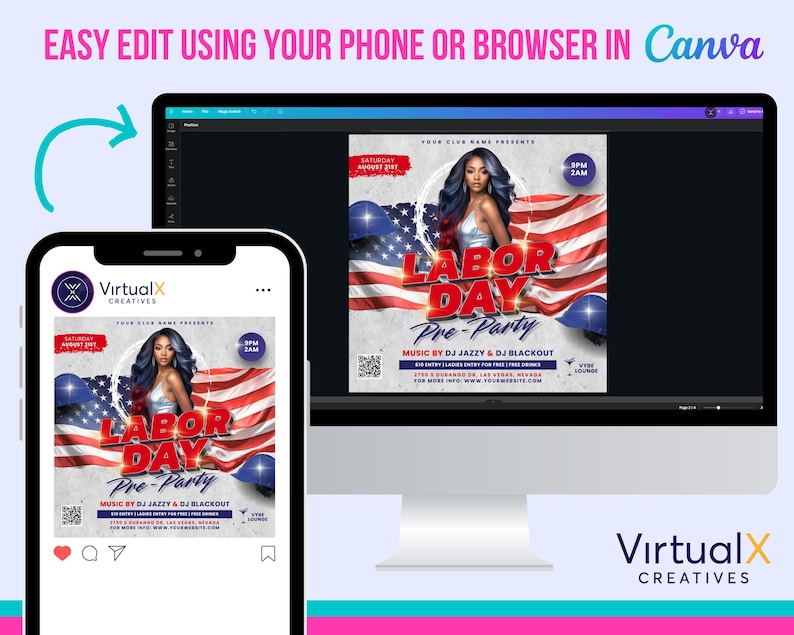 May include: A digital flyer for a Labor Day pre-party with a woman in a red dress and a red, white, and blue American flag background. The flyer includes the text "Labor Day Pre-Party" and "Music by DJ Jazzy & DJ Blackout".
