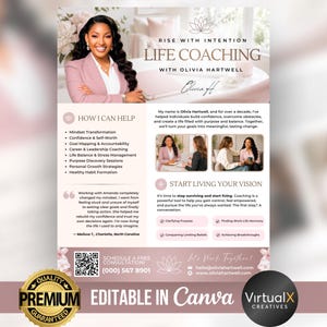 May include: A life coaching flyer template featuring a professional woman in a pink blazer, titled Rise With Intention Life Coaching with Olivia Hartwell. The document includes sections for services, client testimonials, and contact information.