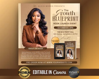 Folleto para evento de lanzamiento de libro / Invitación a fiesta de lanzamiento de libro de autor / Plantilla de folleto para evento empresarial / Diseño moderno y editable de Canva para lanzamiento de libro electrónico