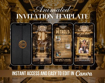 Invitación de los locos años 20, invitación animada con temática de Gatsby, fiesta en un bar clandestino, renacimiento de Harlem, digital de los años 20, negro y dorado, noches de la era del jazz