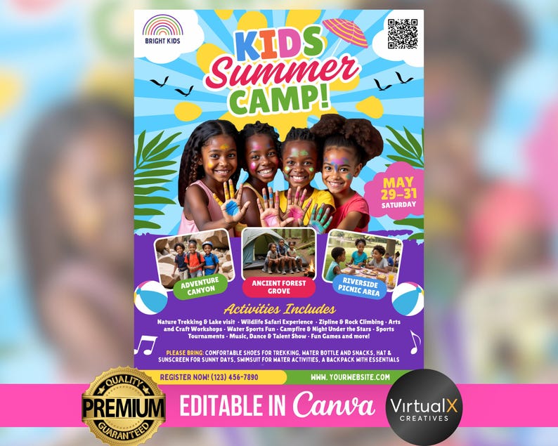 May include: A colorful flyer advertising a kids summer camp with the words "Kids Summer Camp!" in a bright yellow font. The flyer features photos of children smiling and participating in activities. The camp is scheduled for May 29-31 and includes activities like nature trekking, wildlife safari, zipline, rock climbing, arts and crafts, water sports, campfires, and more. The flyer also includes a QR code and the website address "www.yourwebsite.com".