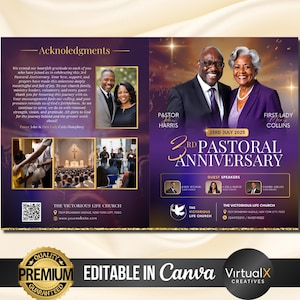 4 Page Pastor Anniversary Program Template, Pastor Appreciation, Pastor and Wife, Church Anniversary, Bi-Fold Brochure, Banquet Program
