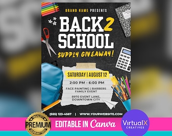 Utlottning av skolmaterial, redigerbar Canva-flyermall, tillkännagivande för skolmaterialkampanj, inlägg på sociala medier, utskrivbar Back2School