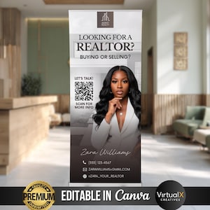Może przedstawiać: Pionowy baner reklamowy dla agenta nieruchomości. Baner zawiera tekst "LOOKING FOR A REALTOR? BUYING OR SELLING?" wraz z kodem QR i danymi kontaktowymi. Przedstawia również kobietę w białej marynarce.
