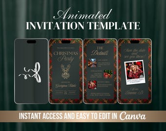 May include: An animated Christmas invitation template displayed on a smartphone screen. The design features a festive plaid border, a deer emblem, and the text "Christmas Party." The invitation includes details and a photo, with the text "Instant Access and Easy to Edit in Canva."