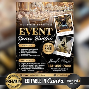 Op de afbeelding: Advertentie voor evenementenruimteverhuur, met een zwart-gouden ontwerp. De tekst benadrukt diensten zoals bruiloften en bedrijfsevenementen. Bevat contactgegevens en de zin "EDITABLE IN Canva".