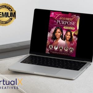 May include: A laptop displays a promotional graphic for "Crowned in Purpose," an event. The design features two women, floral accents, and the event details. A gold "Premium Guaranteed" seal is in the upper left corner. The laptop sits on a light-colored surface.