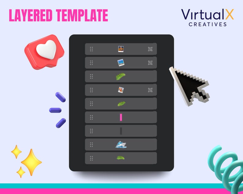 May include: A layered template design with a dark gray background and a white heart icon in a red speech bubble. The template has eight layers with different icons, including a photo, a leaf, a boat, and a pink rectangle.