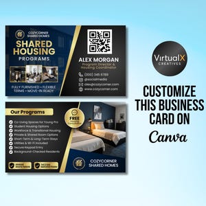 Puede incluir: Un dise&ntilde;o de tarjeta de visita para Cozycorner Shared Homes, en azul oscuro y dorado. La tarjeta incluye el logotipo de la empresa, informaci&oacute;n de contacto y un c&oacute;digo QR. El texto dice "Shared Housing Programs" y "Customize this business card on Canva."