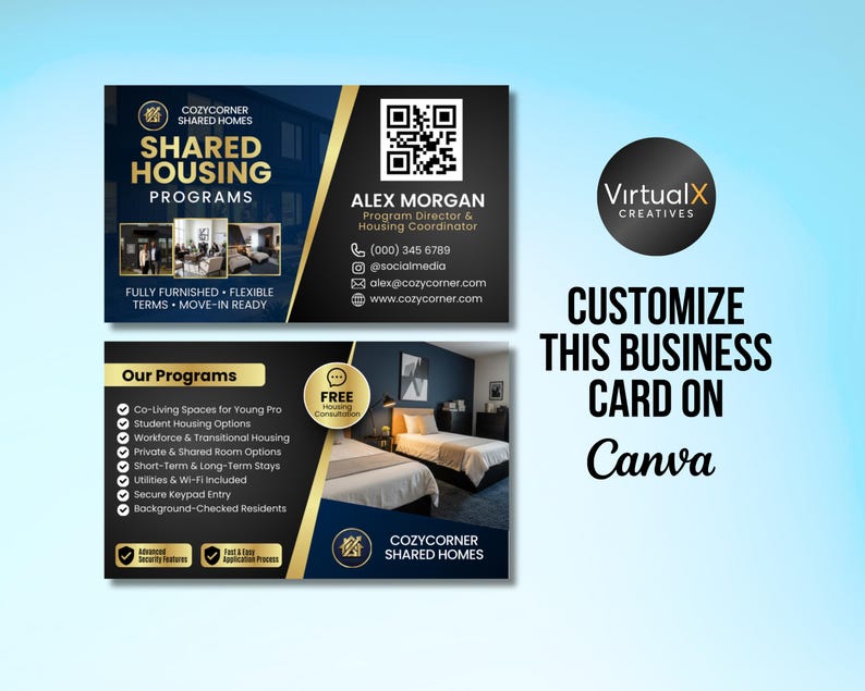 Puede incluir: Un dise&ntilde;o de tarjeta de visita para Cozycorner Shared Homes, en azul oscuro y dorado. La tarjeta incluye el logotipo de la empresa, informaci&oacute;n de contacto y un c&oacute;digo QR. El texto dice "Shared Housing Programs" y "Customize this business card on Canva."
