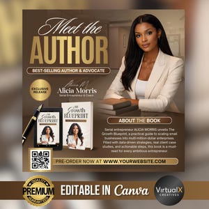 May include: An advertisement featuring a woman in a cream-colored blazer. The text reads "Meet the Author" and promotes "The Growth Blueprint" book by Alicia Morris. A pen, tablet, and QR code are also visible.