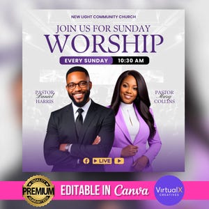 Op de afbeelding: Een witte en paarse flyer met een foto van twee predikanten, Daniel Harris en Mary Collins, die een zondagse kerkdienst aankondigen in de New Light Community Church om 10:30 uur. De flyer zegt "Join us for Sunday Worship" en "Every Sunday 10:30 AM".