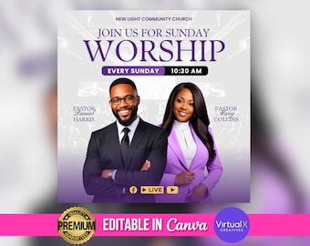 Church Invitation Template, Sunday Service Flyer, Purple Gold Sunday Worship, Editable Bible Study Poster for Social Media, DIY Canva Design