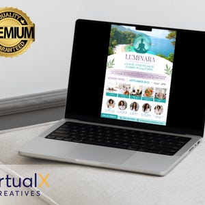Op de afbeelding: Een laptopcomputer die een flyer toont voor een wellness-retreat genaamd Luminara. De flyer toont een vrouw die mediteert in een yoga-houding op een strand met een tropische achtergrond. De tekst op de flyer luidt "Luminara - Awaken Your Highest Journey in California". De flyer bevat ook data en tijden voor het retreat.