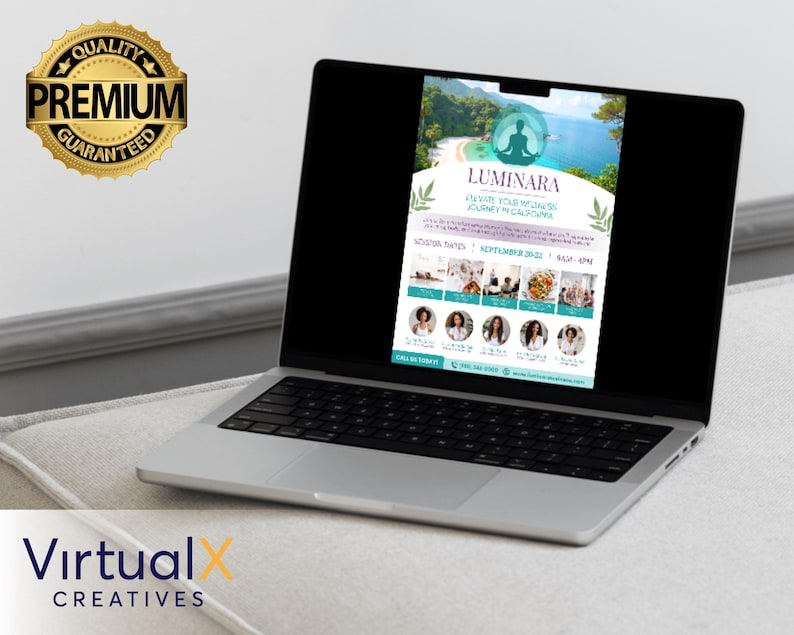 Op de afbeelding: Een laptopcomputer die een flyer toont voor een wellness-retreat genaamd Luminara. De flyer toont een vrouw die mediteert in een yoga-houding op een strand met een tropische achtergrond. De tekst op de flyer luidt "Luminara - Awaken Your Highest Journey in California". De flyer bevat ook data en tijden voor het retreat.