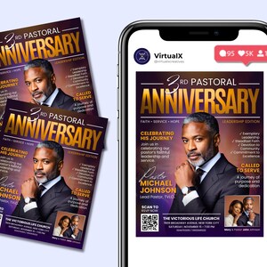 May include: A promotional flyer and a phone displaying the flyer for the 3rd Pastoral Anniversary. The flyer features a portrait of a man, the text "ANNIVERSARY", and event details. The phone shows a social media post of the flyer.