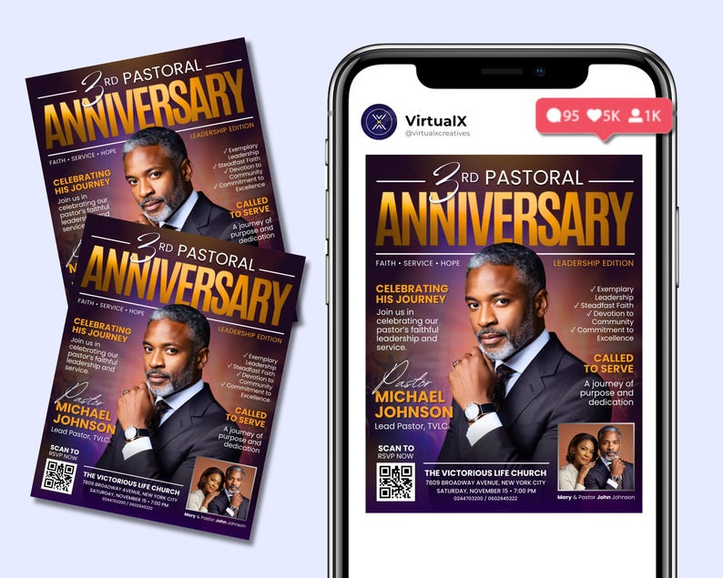 May include: A promotional flyer and a phone displaying the flyer for the 3rd Pastoral Anniversary. The flyer features a portrait of a man, the text "ANNIVERSARY", and event details. The phone shows a social media post of the flyer.