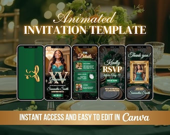 Pode incluir: Um modelo de convite animado exibido em cinco smartphones. O design apresenta um esquema de cores verde e dourado com o texto "Animated Invitation Template" e "Instant Access and Easy to Edit in Canva."