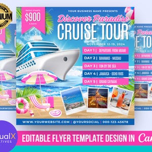 May include: A pink and blue flyer advertising a cruise tour to the Bahamas, Jamaica, and Grand Cayman. The flyer features a large cruise ship, palm trees, and a beach scene. The text on the flyer reads "Discover Paradise Cruise Tour" and includes dates and prices.