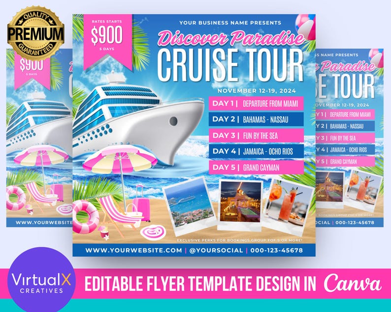 May include: A pink and blue flyer advertising a cruise tour to the Bahamas, Jamaica, and Grand Cayman. The flyer features a large cruise ship, palm trees, and a beach scene. The text on the flyer reads "Discover Paradise Cruise Tour" and includes dates and prices.