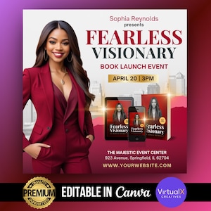 Evento de lançamento de livro, festa de lançamento de livro de autor, folheto de evento empresarial, modelo de lançamento de e-book moderno, coaching empresarial DIY Canva editável