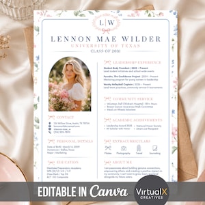 May include: A resume template with a floral design, featuring the name "Lennon Mae Wilder" and "University of Texas." The document includes sections for leadership experience, community service, and academic achievements. The text "EDITABLE IN Canva" is visible.