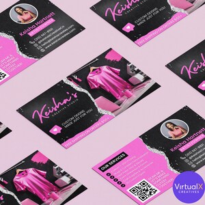 May include: Business cards with a black and pink design. The cards feature the text "Keisha's Creative Studio" and include a photo of a woman. The cards also display a QR code and the text "Scan me & let's make something cutesy together!"