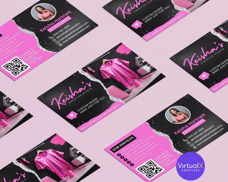 May include: Business cards with a black and pink design. The cards feature the text "Keisha's Creative Studio" and include a photo of a woman. The cards also display a QR code and the text "Scan me & let's make something cutesy together!"