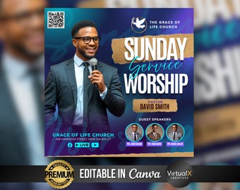 Sunday Service Flyer, Sunday Worship Flyer, Church Invitation Template, Christian Gospel Event, DIY Church Worship Service DIY Canva Design