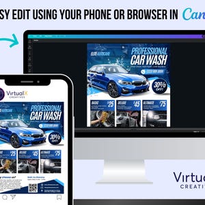May include: A digital advertisement for a car wash service, displayed on a smartphone and a computer monitor. The ad features a blue car, service options, and the text "PROFESSIONAL CAR WASH" and "30% OFF!" The ad is easy to edit in Canva.