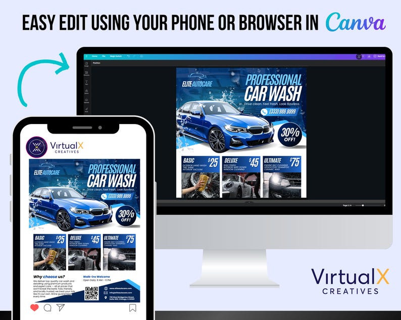 May include: A digital advertisement for a car wash service, displayed on a smartphone and a computer monitor. The ad features a blue car, service options, and the text "PROFESSIONAL CAR WASH" and "30% OFF!" The ad is easy to edit in Canva.