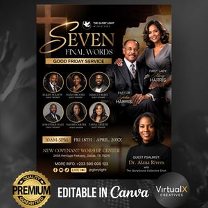 Könnte beinhalten: Werbeflyer für einen Karfreitag-Gottesdienst. Das Design zeigt den Text "Seven Final Words" in goldener Schrift, mit Porträts von Rednern und dem Pfarrer. Der Flyer enthält Veranstaltungsdetails, eine Kirchenadresse und Kontaktinformationen.