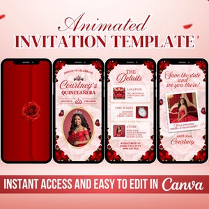 Quinceanera Birthday Invite, Red Quinceanera Animated Invitation, Editable Quinceanera Bday Party Digital Video, DIY Canva E-vite, Sweet 16