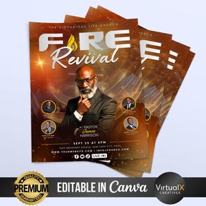 Peut inclure: Plusieurs flyers superpos&eacute;s annon&ccedil;ant un &eacute;v&eacute;nement "Fire Revival" avec un fond flamboyant. Les flyers pr&eacute;sentent le pasteur James Harrison et les d&eacute;tails de l'&eacute;v&eacute;nement. Le texte "EDITABLE IN Canva" est &eacute;galement visible.