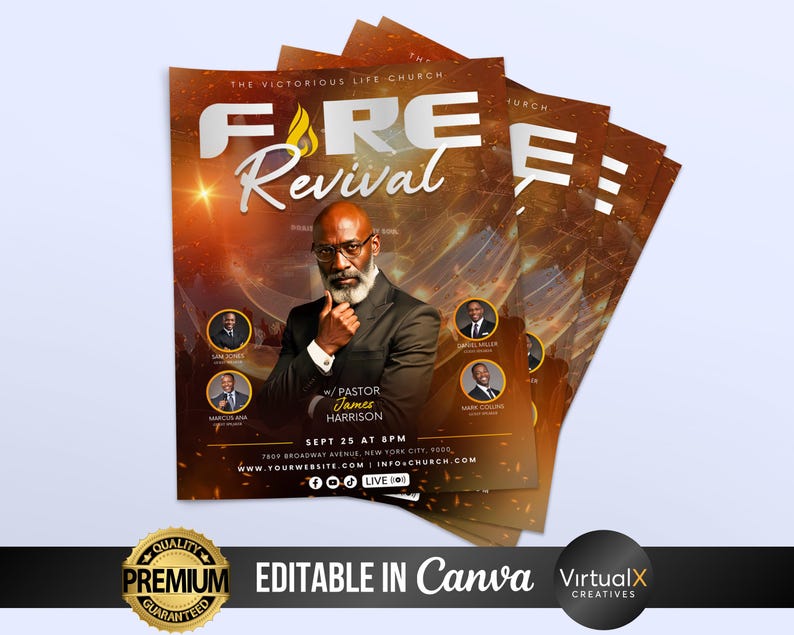 Peut inclure: Plusieurs flyers superpos&eacute;s annon&ccedil;ant un &eacute;v&eacute;nement "Fire Revival" avec un fond flamboyant. Les flyers pr&eacute;sentent le pasteur James Harrison et les d&eacute;tails de l'&eacute;v&eacute;nement. Le texte "EDITABLE IN Canva" est &eacute;galement visible.