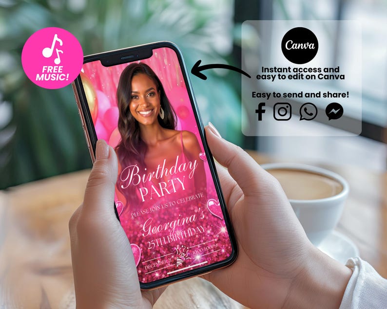May include: A smartphone displays a pink birthday party invitation with the text "Birthday Party" and "Georgina's 25th Birthday." The invitation features a photo of a smiling woman. The phone also shows the Canva logo and social media icons.