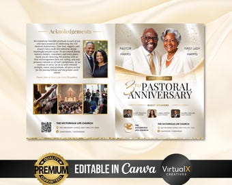 4 Page Pastor Anniversary Program Template, Pastor Appreciation, Pastor and Wife, Church Anniversary, Bi-Fold Brochure, Banquet Program