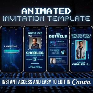 May include: A digital invitation template for a birthday party with a blue and black color scheme. The template features a loading bar, a game controller, and a text box that says "Game On!" The template also includes a text box that says "The Details" and a text box that says "Save the Date & See You There!" The template is designed to be used with Canva.