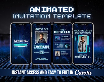 May include: A digital invitation template for a birthday party with a blue and black color scheme. The template features a loading bar, a game controller, and a text box that says "Game On!" The template also includes a text box that says "The Details" and a text box that says "Save the Date & See You There!" The template is designed to be used with Canva.