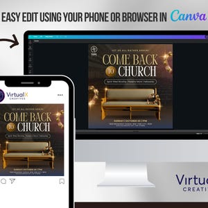 Pode incluir: Um design gr&aacute;fico digital que promove um evento da igreja, exibido em um smartphone e na tela de um computador. O design apresenta o texto "COME BACK TO CHURCH" com uma ilustra&ccedil;&atilde;o de um banco de igreja. O design &eacute; da VirtualX Creatives.