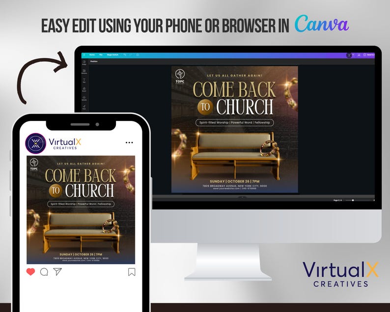Pode incluir: Um design gr&aacute;fico digital que promove um evento da igreja, exibido em um smartphone e na tela de um computador. O design apresenta o texto "COME BACK TO CHURCH" com uma ilustra&ccedil;&atilde;o de um banco de igreja. O design &eacute; da VirtualX Creatives.