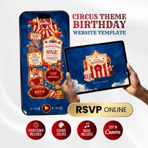 Peut inclure: Un modèle de site web d'anniversaire sur le thème du cirque affiché sur un smartphone et une tablette. Le design présente des couleurs rouge, or et bleu avec des illustrations de monsieur loyal, éléphant, lion et pop-corn. Le texte inclut CIRCUS THEME BIRTHDAY WEBSITE TEMPLATE, OUR LITTLE RINGMASTER IS TURNING ONE, ADMIT ONE, 25 OCTOBER 2026, YOU'RE INVITED, RSVP HERE et RSVP ONLINE.