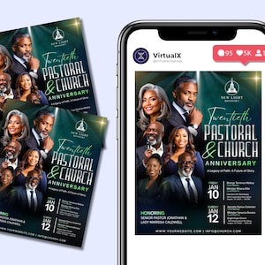 K&ouml;nnte beinhalten: Ein Werbeflyer und ein Smartphone zeigen ein Design f&uuml;r das zwanzigste Pastoral- und Kirchenjubil&auml;um. Das Design zeigt Portr&auml;ts mehrerer Personen mit Text, der die Veranstaltungsdetails und das Logo des New Light Ministry enth&auml;lt.