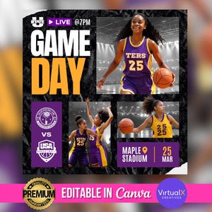 May include: A basketball game day poster with a purple and yellow colour scheme. The poster features a basketball player dribbling the ball and the text "GAME DAY" in large, bold letters. The poster also includes the text "LIVE @7PM" and "STATE".