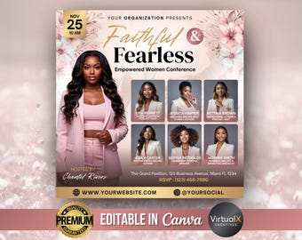 Women’s Meeting Conference Flyer, Guest Speaker Event, Women’s Ministry & Retreat Flyer, Networking, Pink Floral Editable Canva Template