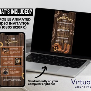 May include: A mobile phone screen displaying a digital invitation for a birthday party. The invitation features a rustic wooden background with a cowboy hat, boots, and a saddle. The text on the invitation reads "Saddle Up! And Put Your Boots On! Birthday Hoedown Sam Jones 20th Birthday Saturday Feb 22nd, 2023 10:00PM - 1:00PM".
