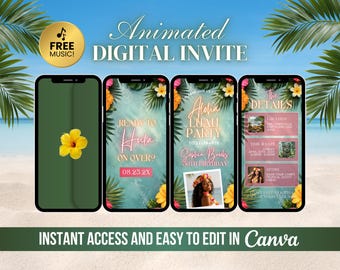 Aloha Luau Birthday Invite, Tropical Party Animated Invitation, Editable Tiki Party, Hawaiian Bday Video Canva E-vite, Island Theme
