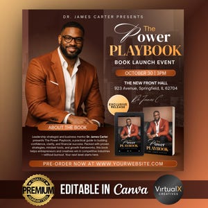 Puede incluir: Imagen promocional del evento de lanzamiento del libro "The Power Playbook". Presenta a un hombre con una blazer color óxido, gafas y camisa blanca. También se muestra la portada del libro y una pantalla de tableta. El evento es el 30 de octubre a las 3 PM.