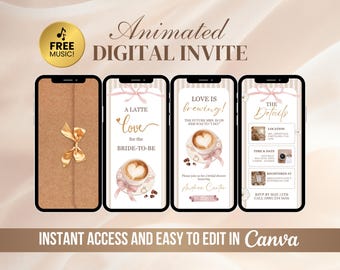 Love is Brewing Bridal Shower Invite, Blush Pink Coffee Cup & Floral Stripe Animated, Cafe Latte Theme Invitation, Digital Bride to Be Evite